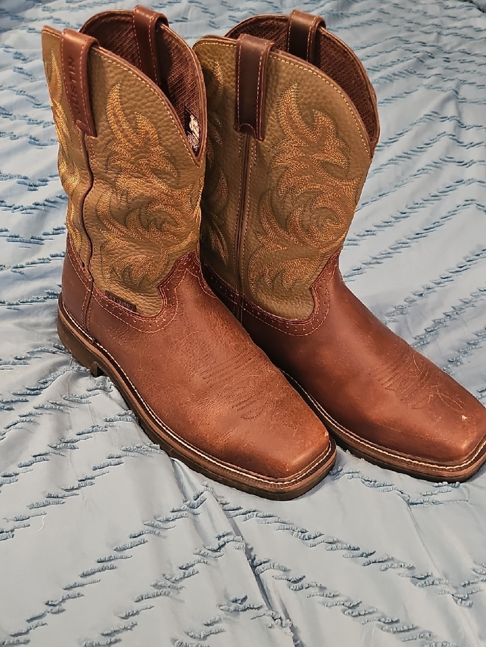 Justin Brown and Tan Western Work Cowboy Boots Met Guard Steel Toe